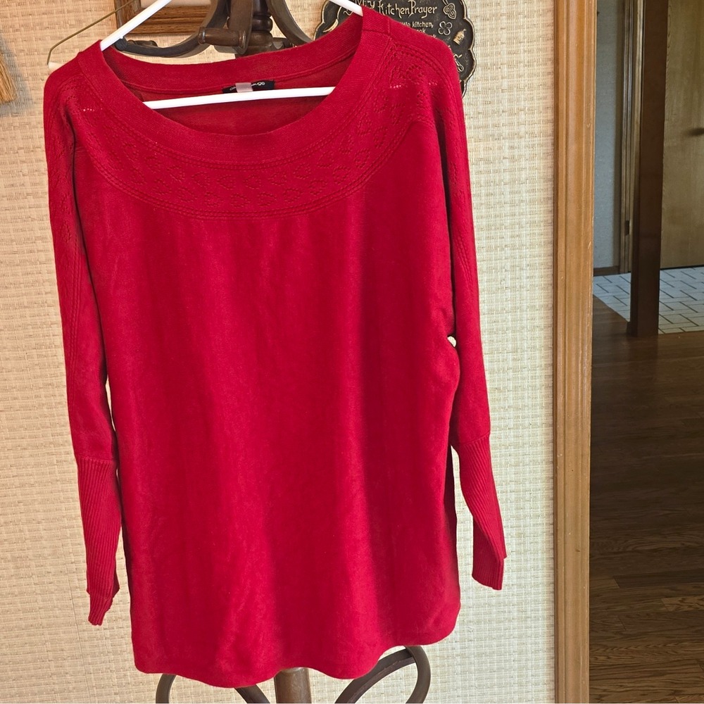 Cable & Gauge Women's 1X Red Pointelle Knit Scoop Neck Long Sleeve Pullover